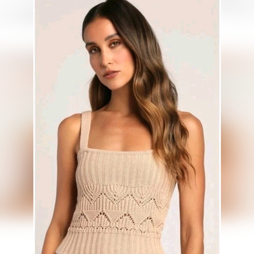 Beige Crochet Knit Crop Tank Top Summer Knitwear Square Neckline Sz L Breathable